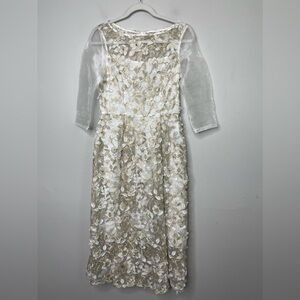 ADRIANNA PAPELL 3D Floral Metallic Lace Fit & Flare Midi Dress Sz 4 Sheer Sleeve